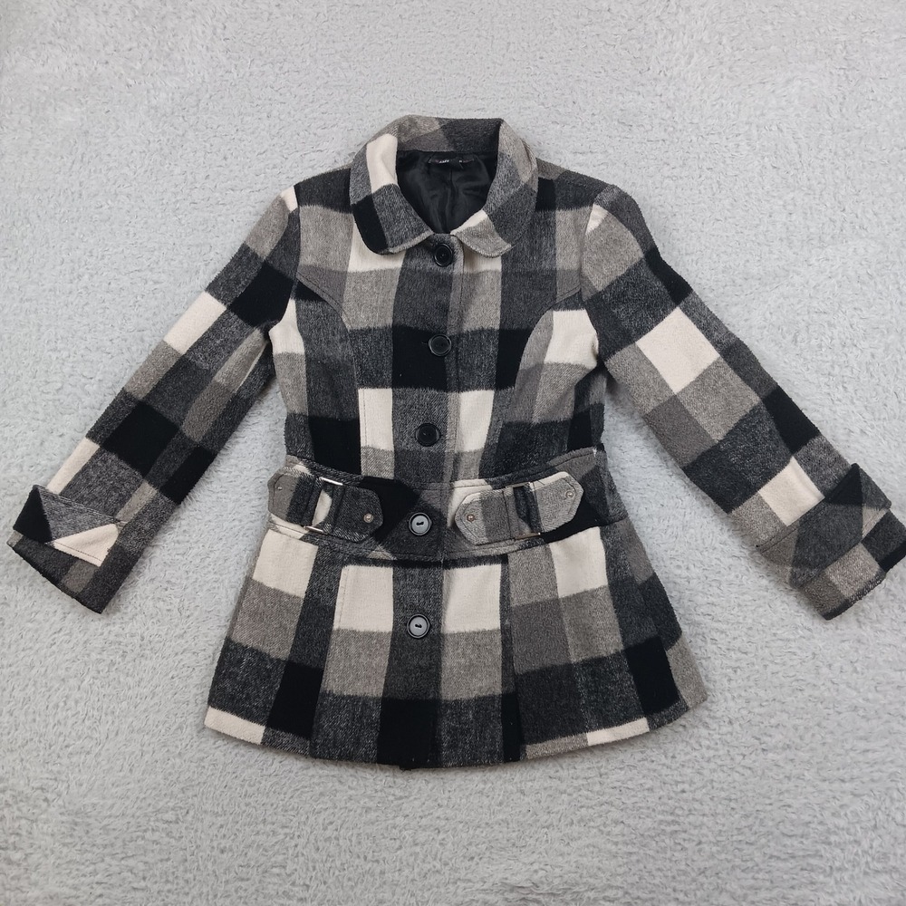 Amy Byer Pea Coat Girls M Black Grey Buffalo Plaid Belted Trench 2085F7J